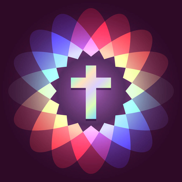 Keresztény egyházi vektor logó. Szent csillag fény ikon kereszt. Írja alá egyházak és keresztény szervezetek. - Vektor, kép