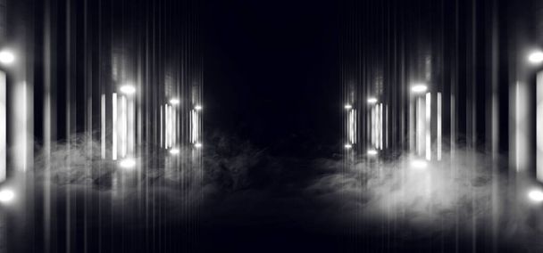 煙が白い光る廊下ガレージ地下トンネル回廊コンクリート反射暗い空のショールームサイバースポットライト3Dレンダリングイラスト - 写真・画像