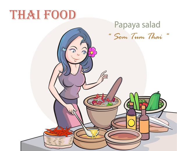 Молодые женщины готовят тайскую еду салат папайи на белом фоне. Поп-арт ретро-иллюстрация
.  - Вектор,изображение
