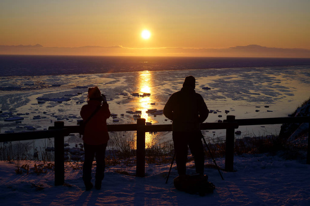 drift ice and sunrise in winter hokkaio - Photo, Image