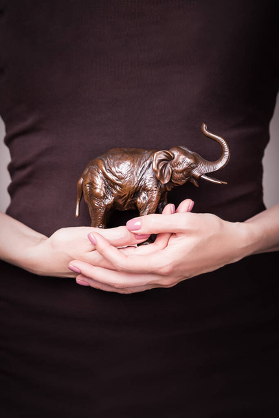 Belle main féminine tenant une figurine marron d'un éléphant. Manucure avec vernis rose, manucure naturelle
 - Photo, image