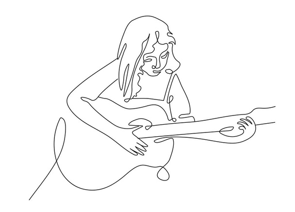 Gitarlı bir kadının modern çizimi. Kavram, kadın minimalist. Sürekli çizilen bir çizgi. Vektör illüstrasyonu. - Vektör, Görsel