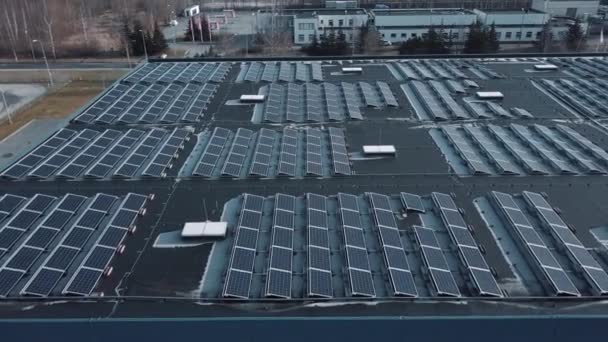 Αεροφωτογραφία της μαζικής εγκατάστασης οροφής ηλιακού συλλέκτη. Βιομηχανική πράσινη ενέργεια. Ηλιακό πεδίο από drone  - Πλάνα, βίντεο