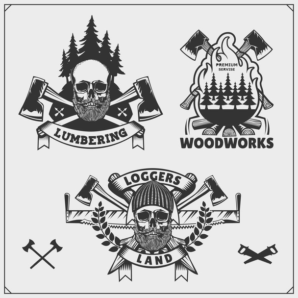 Set of Lumberjack labels, badges and design elements. Joinery and hand made emblems. Vintage style. Print design for t-shirt.  - Vetor, Imagem