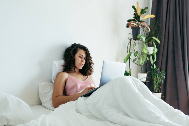 donna con computer portatile a letto libero professionista internet shopping
 - Foto, immagini