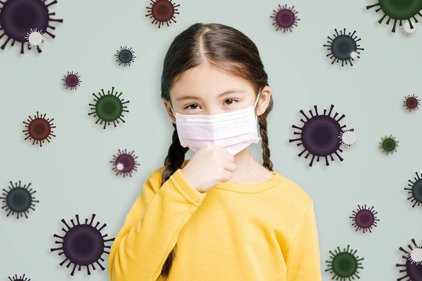 petite fille stressée portant masque de protection contre la grippe arrière-plan du virus
 - Photo, image