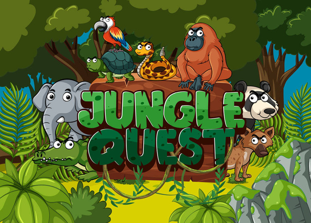 Font design for jungle quest with many animals in forest illustration - Vektor, kép