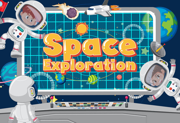 Дизайн плаката с астронавтами, летающими в зале управления
 - Вектор,изображение