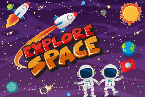 Poster design avec des astronautes et de nombreuses planètes en illustration de fond
 - Vecteur, image