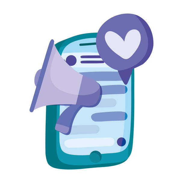 smartphone con megáfono y burbuja de voz con icono del corazón, diseño colorido
 - Vector, imagen