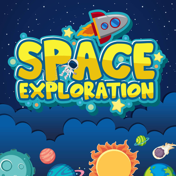 Diseño de póster para la exploración espacial con astronauta y nave espacial en la ilustración de fondo espacial
 - Vector, Imagen
