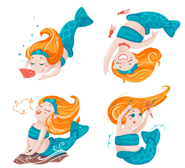 four little mermaids having fun swimming singing brushing playing - Foto, imagen