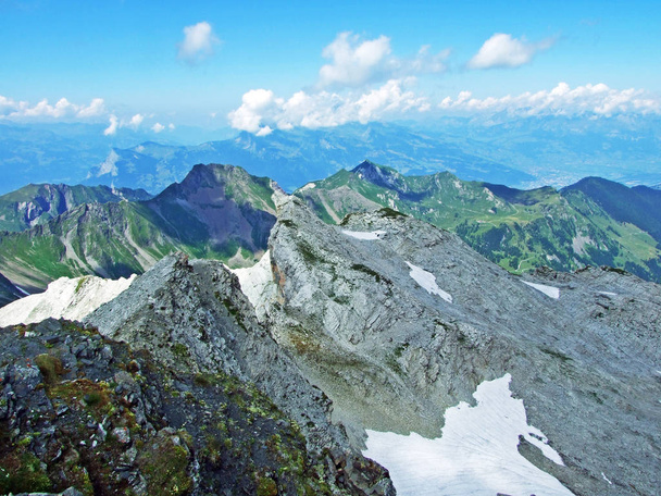 View from the Naafkopf Alpine Peak located in Ratikon border alpine mountain massif or Rtikon Grenzmassiv (oder Raetikon) and in the Liechtenstein Alps - Steg, Liechtenstein - Foto, afbeelding