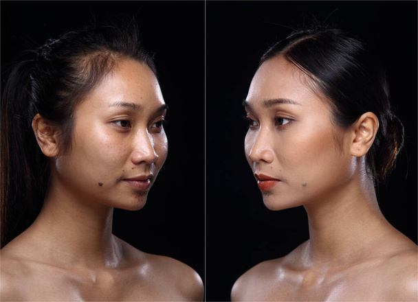 Asijské žena před po použití make-up účes. bez retuše, svěží obličej s pěknou a hladkou pletí. Studio osvětlení černé pozadí. Portrét ID fotografie dramatické světlo - Fotografie, Obrázek