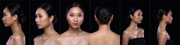 Kolaż Twarz azjatyckiej opalonej skóry Kobieta po zastosowaniu makijażu fryzurę. bez retuszu, świeża twarz z trądzikiem i brodawek skóry. Studio oświetlenie czarne tło, dziewczyna odwrócić, aby pokazać kąt twarzy - Zdjęcie, obraz