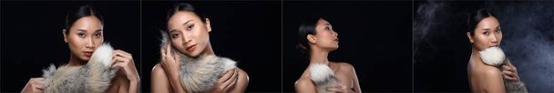 Collage Group of Beautiful tanned Clean Skin Woman wrapped black hair nice pose open shoulder smile, studio osvětlení Black background copy space, Asian Girls with fashion eye face love heart fox tail - Fotografie, Obrázek
