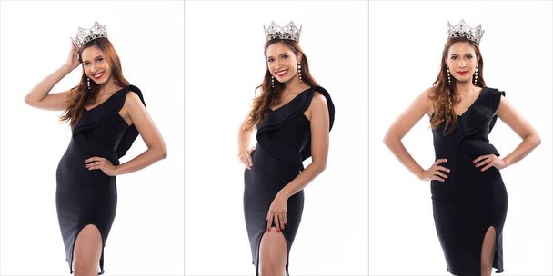 Collage group pack Portrait of caucasian Miss Pageant Beauty queen Contest in black Evening Ball Gown long dress with sparkle light Diamond Crown happy smile, studio lighting white background isolated - Photo, Image