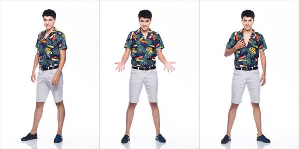 Jeune homme caucasien en été imprimé tropical Polo Shirt blanc stand court et pose dans beaucoup d'action avec un sourire heureux et fort, fond blanc isolé, concept de groupe de collage pleine longueur
 - Photo, image