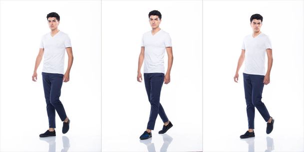 Jeune homme caucasien dans la zone vide blanc blanc T-shirt Jeans stand and walk in turning head look with feeling happy smile strong, white background isolated, full length collage group concept
 - Photo, image