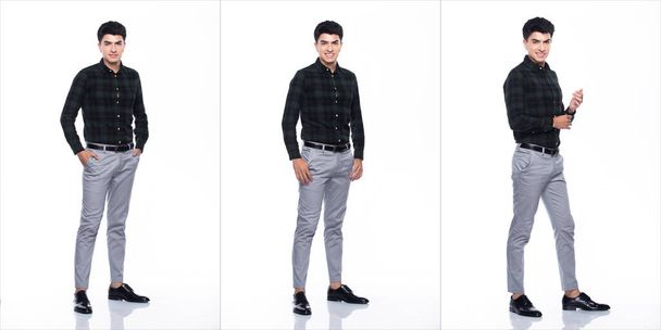 Full Length Snap Figure, Caucasian Business Man Stand in dark green shirt gray pants and shoes, He has confident stand and feel happy smile strong, collage group over white background isolated - Photo, Image