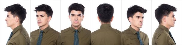 Portré Snap figura, fiatal kaukázusi üzletember sötét zöld ingben nyakkendő, Ő magabiztos állni, és úgy érzi, boldog mosoly erős, kollázs csoport fehér háttér elszigetelt 360 - Fotó, kép