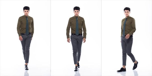 Full Length Snap Figure, νεαρός Καυκάσιος Επιχειρηματίας σε κοστούμι σκούρο πράσινο πουκάμισο γραβάτα παντελόνι και μαύρα παπούτσια, Έχει αυτοπεποίθηση με τα πόδια ευτυχισμένη χαμόγελο ισχυρή, ομάδα κολάζ πάνω από λευκό φόντο απομονωμένη - Φωτογραφία, εικόνα