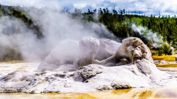 Höyry tulee Ylä-Geyserin altaasta Yellowstonen kansallispuistossa, Wyomingissa, Yhdysvalloissa.
 - Valokuva, kuva