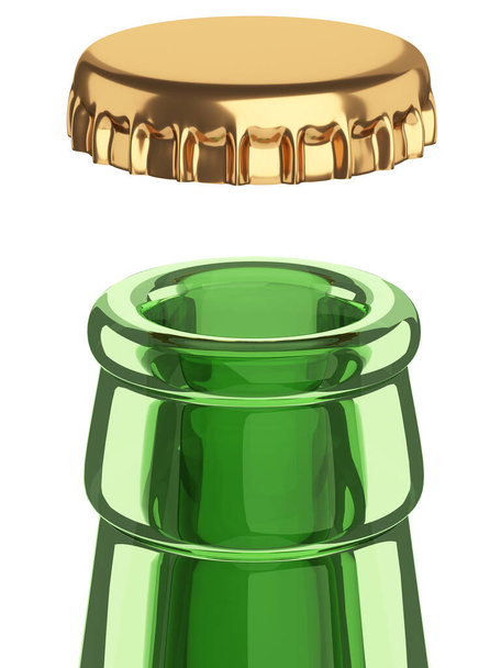 Close-up of a beer green bottle neck with an open cap for concept design. 3d illustration isolated on white bacground.  - Zdjęcie, obraz
