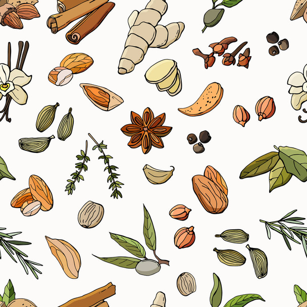 Seamless pattern of spices. Vector cartoon illustration. Stock illustration. white background, isolation Design for wallpaper, kitchen, fabric, textile, packaging, backgrounds. - Vector, Image