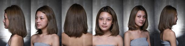 Aasialainen nainen ennen kuin käytät meikkiä hiukset. ei korjausta, tuoreet kasvot silmät akne, syylä, mukava ja sileä iho, takana takaisin näkymä. Studio valaistus abstrakti hämärtää tummanharmaa tausta
, - Valokuva, kuva