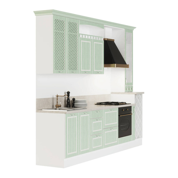 Küche. Möbel und Küchengeräte auf weißem Hintergrund. Schneideweg inklusive. 3D-Darstellung. - Foto, Bild