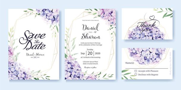 Wedding Invitation, save the date, thank you, RSVP card Design template. Vector. hydrangea flowers, olive leaves. Watercolor style. - Vector, Image