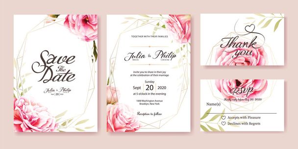Wedding Invitation, save the date, thank you, rsvp card Design template. Vector. Pink rose, olive leaves. Watercolor style. - Vector, Image