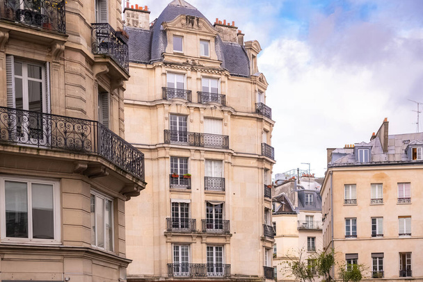 Paris, typical facade and windows, beautiful buildings in the Marais - Fotoğraf, Görsel