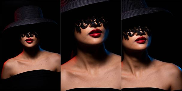 Junge gebräunte Haut Frau trägt Mütze Spitze bedeckt Augen mit Red Lipstick Sexy Lips, Mädchen fühlt sich sehr heiß Liebhaber und geheimnisvollen Blick in Spot Beleuchtung schwarzen Hintergrund. Collage-Gruppenunterschiede - Foto, Bild