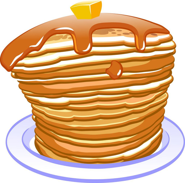 Frische leckere heiße Pfannkuchen mit süßem Ahornsirup. Cartoon-Symbol isoliert auf dem Hintergrund - Vektor, Bild