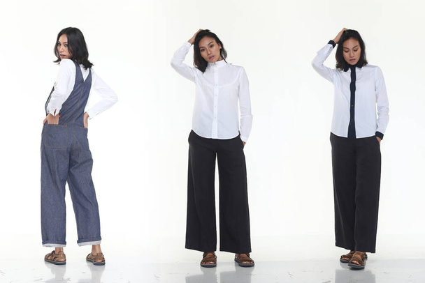 Group pack collage of Asian Tanned skin 20s slim woman black hair stand fashion posing in Casual Dress Clothes, full length snap studio lighting white background isolated - Photo, Image