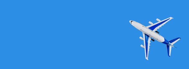 Modellflugzeug, Flugzeug auf blauem Hintergrund in Pastellfarbe. Flache Lage von Miniatur-Spielzeugflugzeug. minimale Reise und Reise kreative Konzepte. Klassisch blauer Hintergrund. Lange breite Fahne, Kopierraum - Foto, Bild