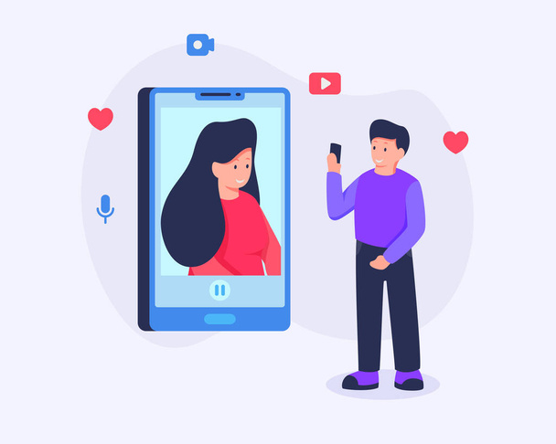 man stalking social media girl for love on smartphone concept vector - Διάνυσμα, εικόνα