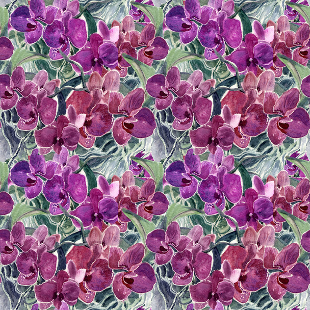 Watercolor seamless pattern with a Phalaenopsis orchid flowers. Bright colors, hand painted illustration. Great for fabric, wall papers. - Photo, Image