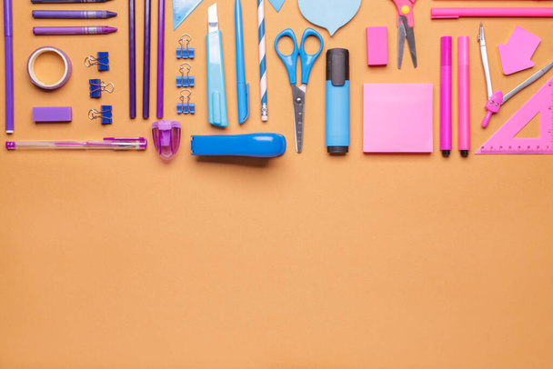 Set of school supplies on color background - Photo, Image