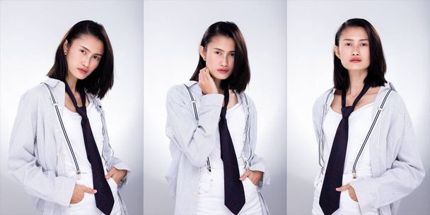 Collage Group Pack of Fashion Young skinny Asian Woman short hair wear white Shirt Necktie, clips susenders posing attractive glam look. Студия Освещение белый фон изолированное копировальное пространство
 - Фото, изображение