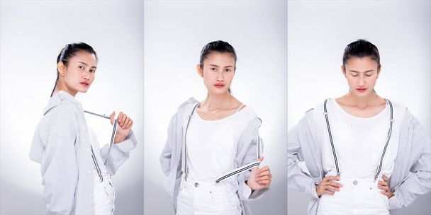 Collage Group Pack of Fashion Young skinny Asian Woman wrapped hair wear white Shirt clips suspenders posing attractive glam look. Studio Lighting white Background isolated copyspace - Photo, Image