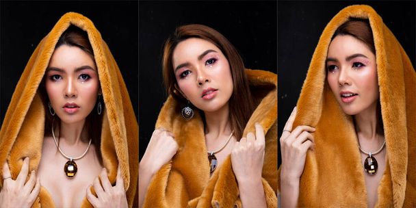 Barna szőrme ruha fedél fej fiatal gyönyörű érzéki ázsiai nő Crystal nyaklánc felett szép tiszta bőr, kollázs csoport csomag koncepció Stúdió világítás Fekete hátterek - Fotó, kép