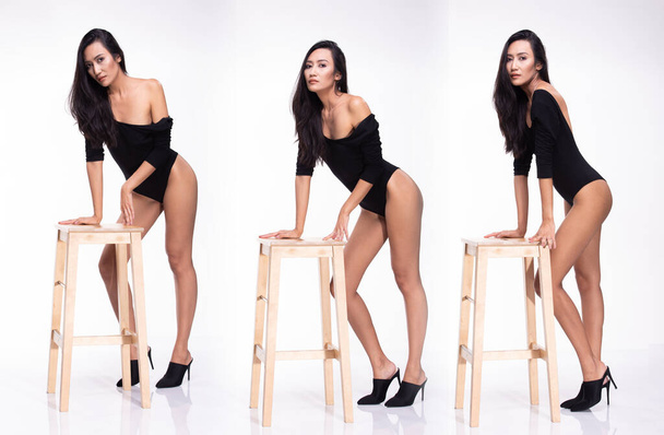 Group Pack Collage of Asian 40s woman curl hair in Black body suit Leotard dress full length snap posing fashion style with wooden stool, studio lighting white background isolated - 写真・画像
