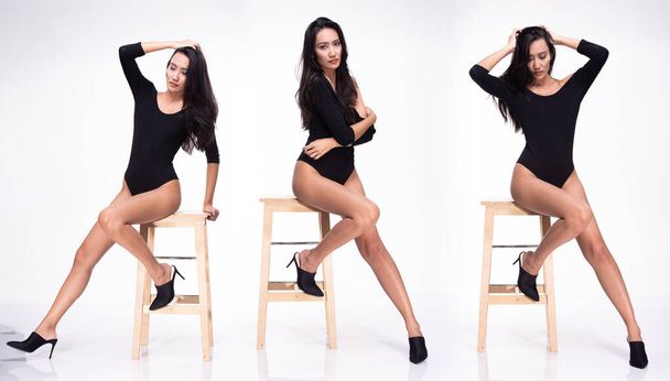 Group Pack Collage of Asian 40s woman curl hair in Black body suit Leotard dress full length snap posing fashion style with wooden stool, studio lighting white background isolated - Foto, afbeelding