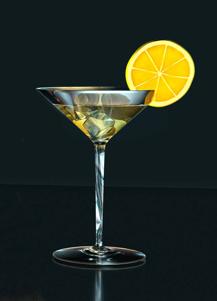 3D-Illustration von Martinii-Glas Zitronenscheibe auf dunklem Hintergrund - Foto, Bild