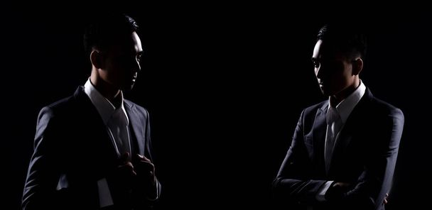 Group Pack Collage of Portrait 20 Asian Business Man under studio light low extrait backlit silhouette dark background, Male in Proper Gray Suit pose many action in Shadow, copy space - Фото, зображення