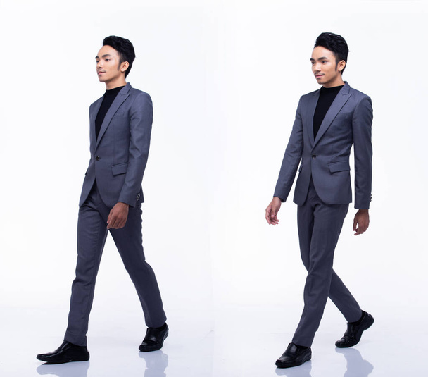 Full Length Snap Figure, Asian Business Man walks left right in dark Black proper Suit pants and shoes, studio lighting white background isolated, Tanned Male Model pose many act, collage group pack - Photo, Image