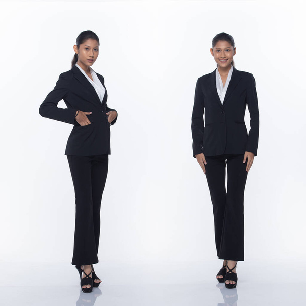Collage group pack of Full Length Snap Figure, Asian Business Woman Stand in black Formal proper Suit pants and shoes, studio lighting white background isolated, Lawyer Boss posing smile smart look - Foto, immagini
